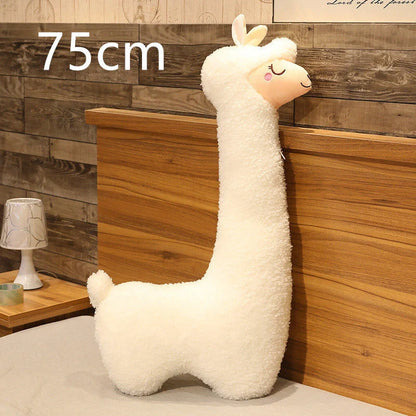 Alpaca plush toy pillow with removable washable cover in white and brown