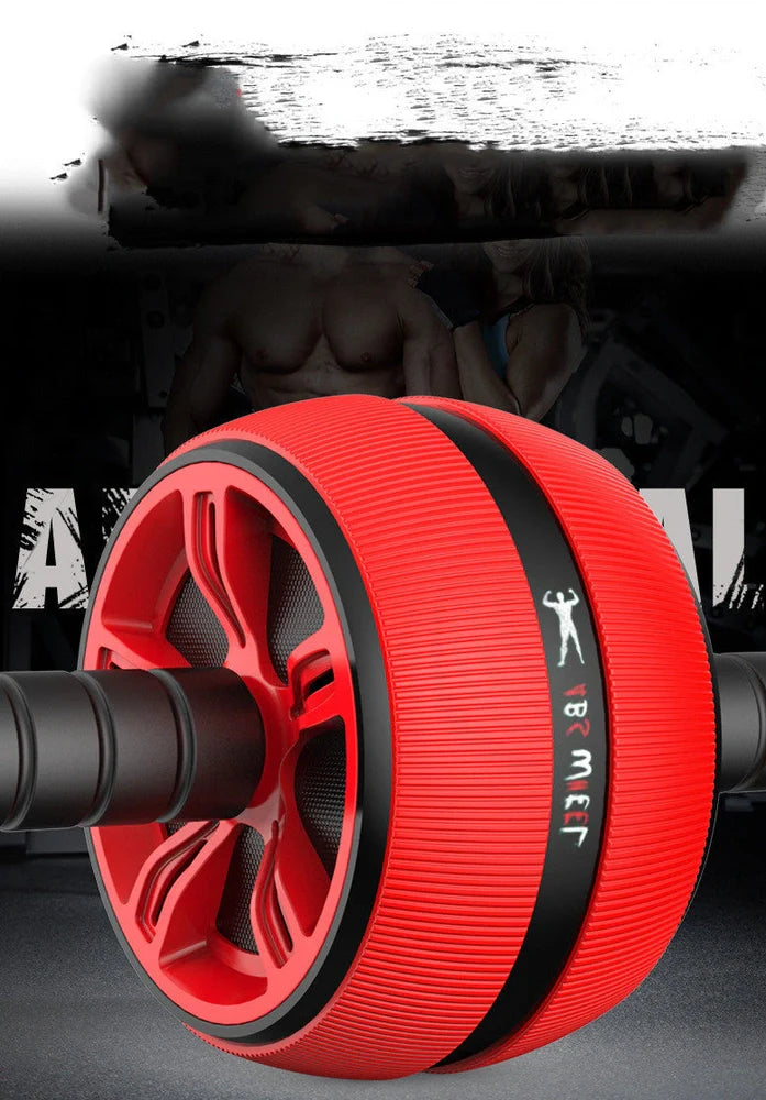 Big Wheel abdominal exercise device with blue roller and stainless steel construction showing sweat-absorbent sponge handles