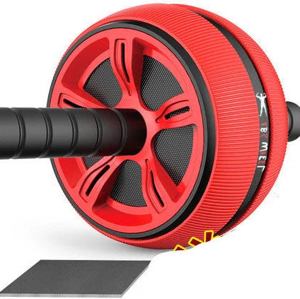 Big Wheel abdominal exercise device with blue roller and stainless steel construction showing sweat-absorbent sponge handles