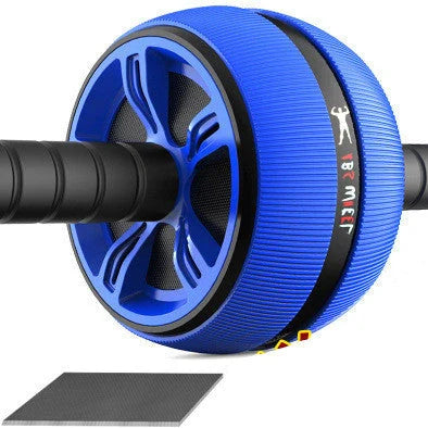 Big Wheel abdominal exercise device with blue roller and stainless steel construction showing sweat-absorbent sponge handles