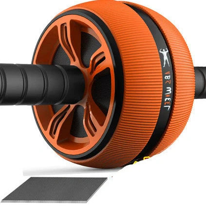 Big Wheel abdominal exercise device with blue roller and stainless steel construction showing sweat-absorbent sponge handles