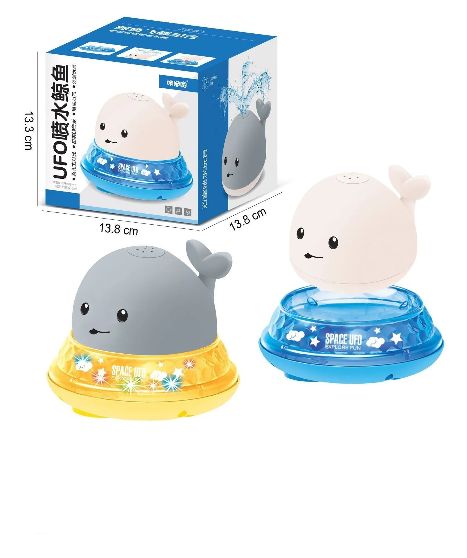Grey and white cartoon whale bath toy spraying water with LED lights glowing