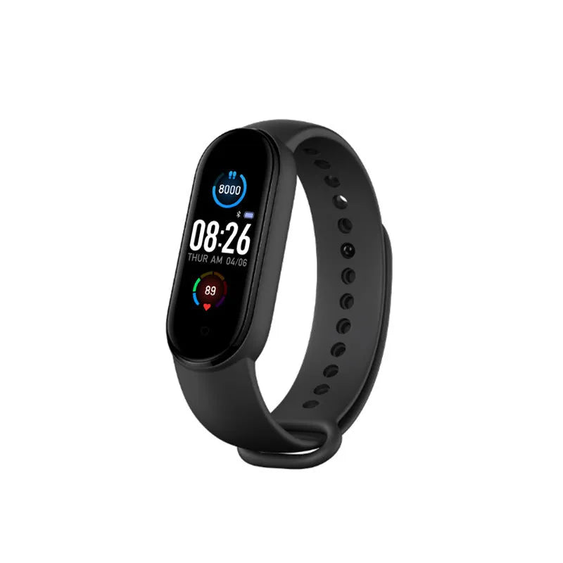 M5 smart fitness bracelet showing heart rate monitoring on 0.96-inch screen, available in black, blue or red colours