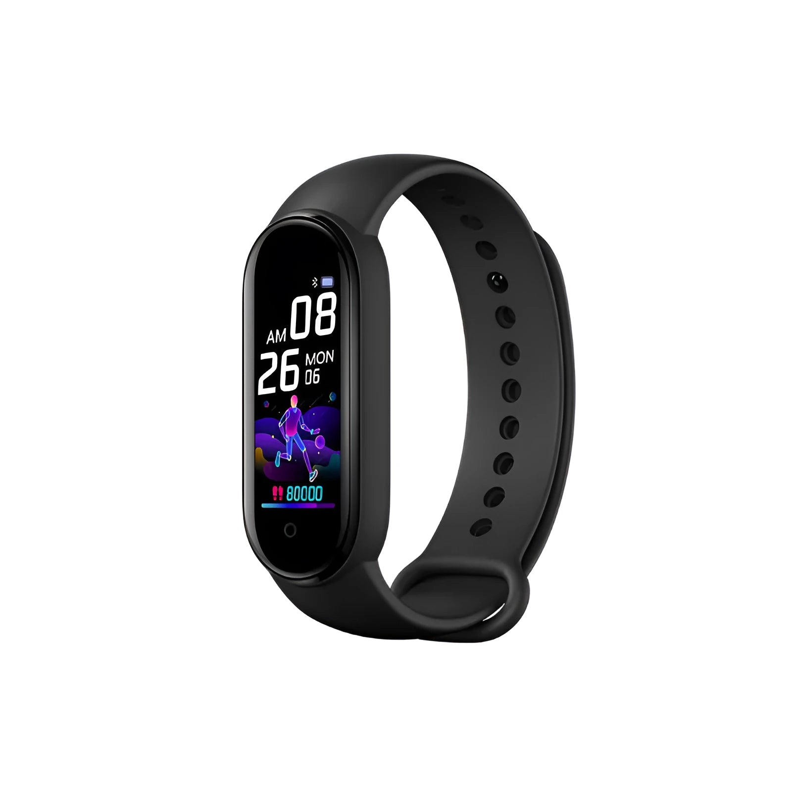 M5 smart fitness bracelet showing heart rate monitoring on 0.96-inch screen, available in black, blue or red colours