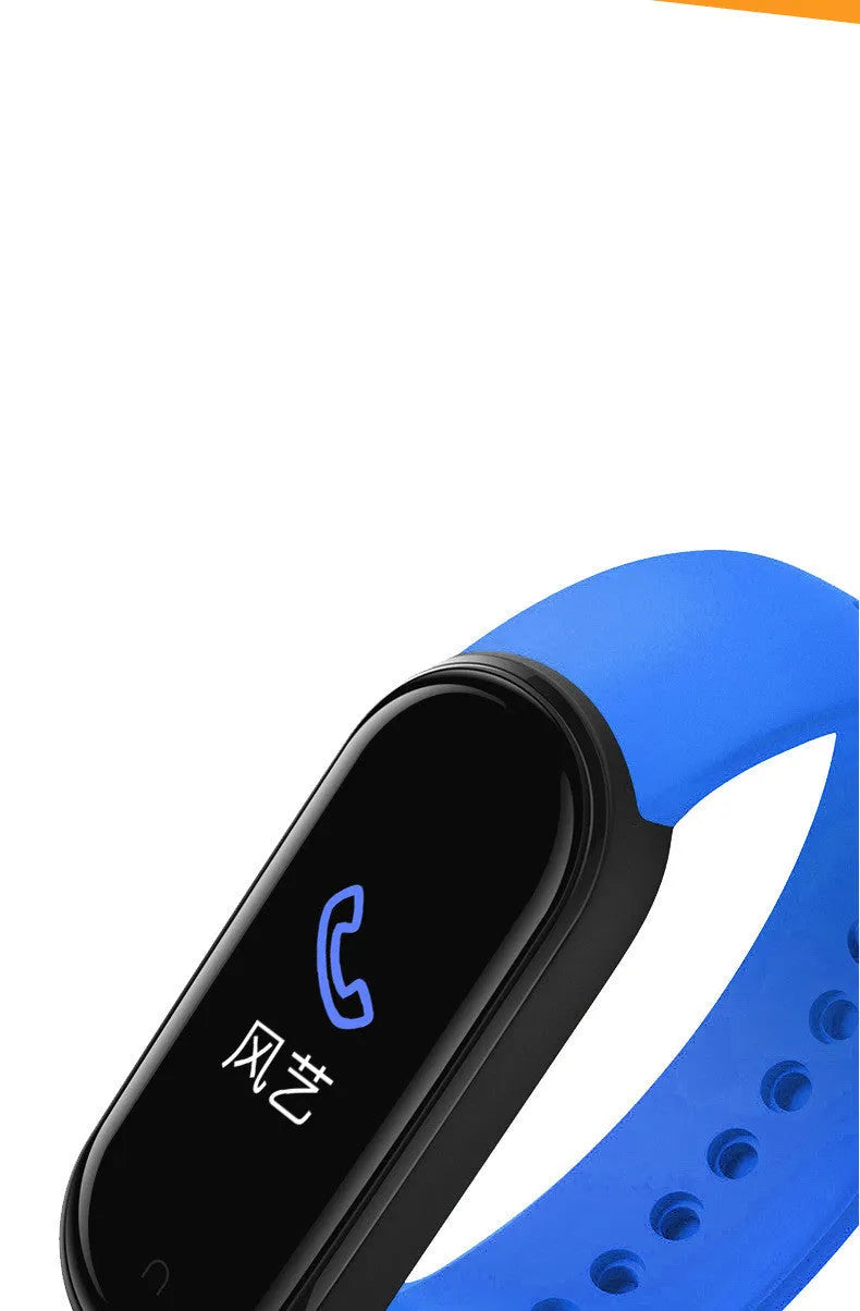 M5 smart fitness bracelet showing heart rate monitoring on 0.96-inch screen, available in black, blue or red colours