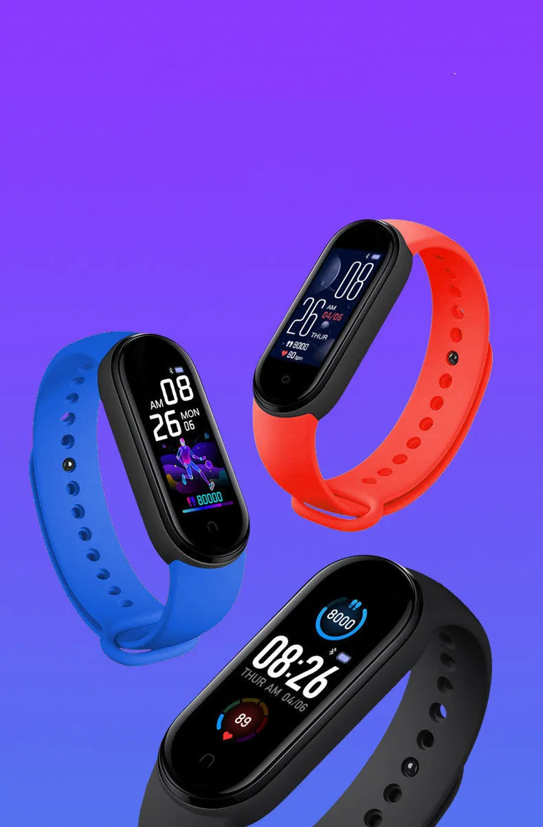 M5 smart fitness bracelet showing heart rate monitoring on 0.96-inch screen, available in black, blue or red colours