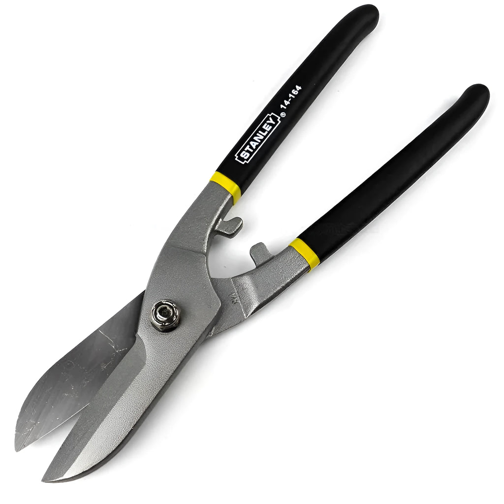 Yellow-handled high carbon steel barbed wire shears, 200mm long, on a workshop bench.