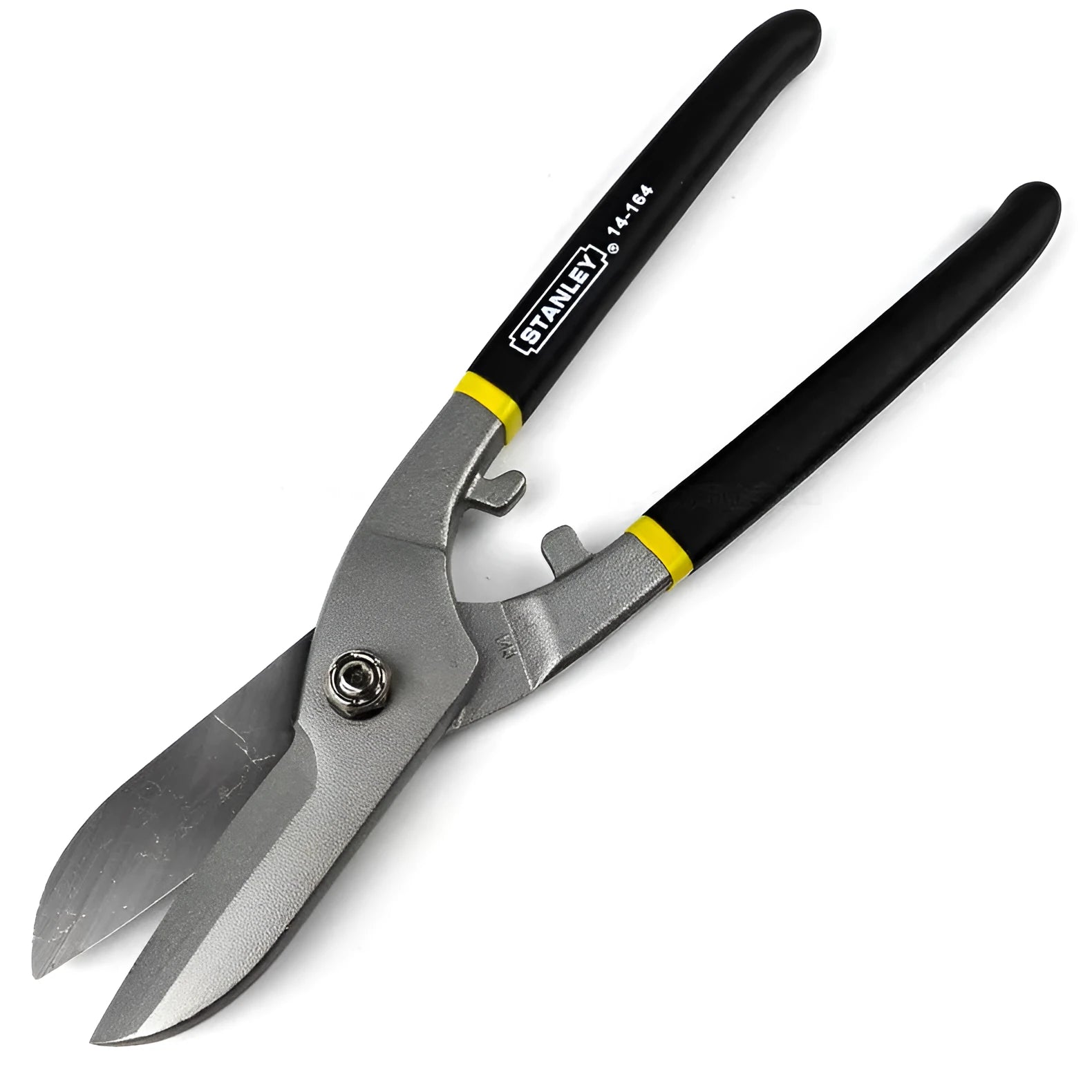 Yellow-handled high carbon steel barbed wire shears, 200mm long, on a workshop bench.