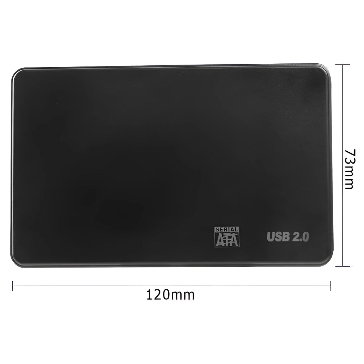 Black ABS SATA hard disk enclosure with USB 2.0/3.0 interface, 120x73mm