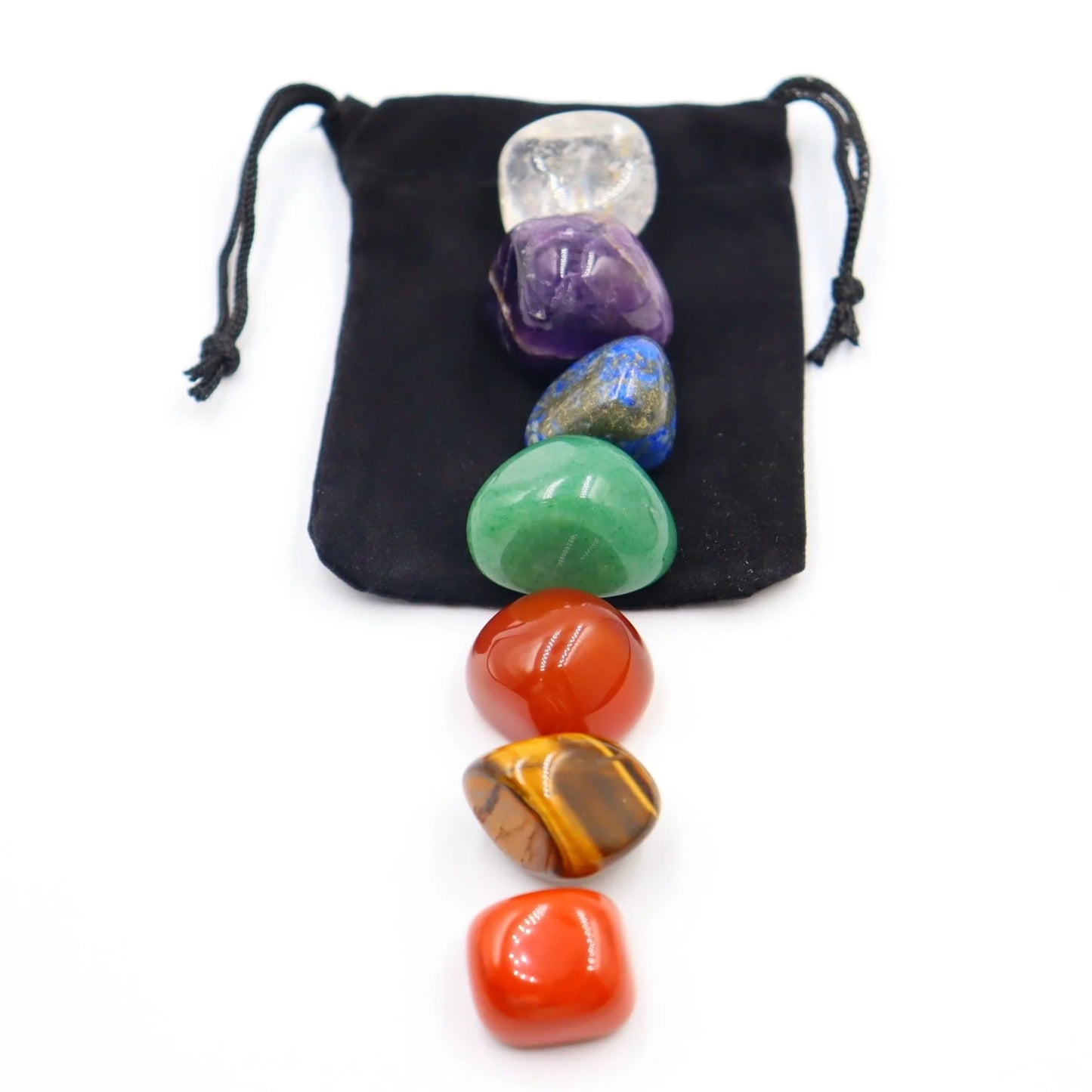 Seven Chakra Natural Stone Set with vibrant colors and black gift bag