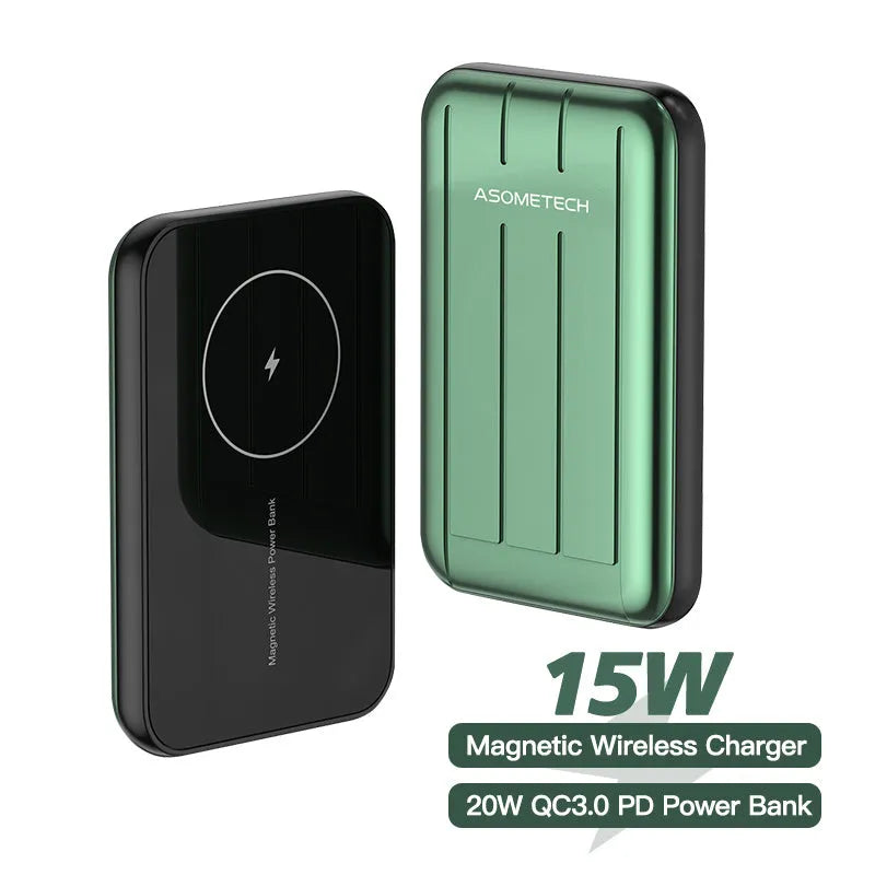 Blue magnetic wireless power bank with 5000mAh capacity for iPhone 12.