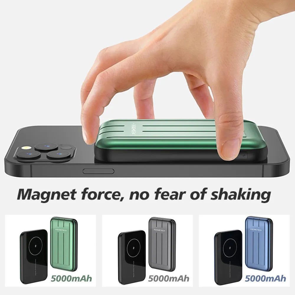 Blue magnetic wireless power bank with 5000mAh capacity for iPhone 12.