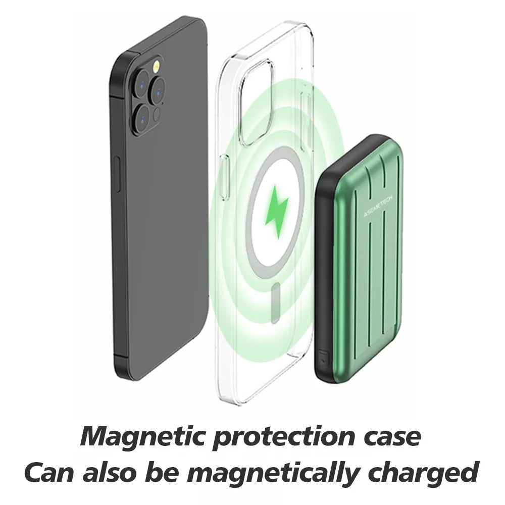 Blue magnetic wireless power bank with 5000mAh capacity for iPhone 12.