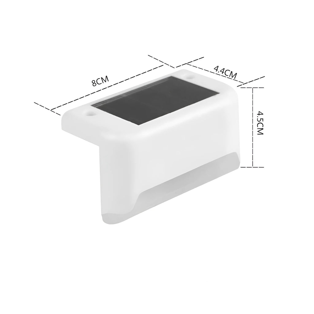 White shell solar-powered LED railing light with IP65 waterproof rating for outdoor steps.