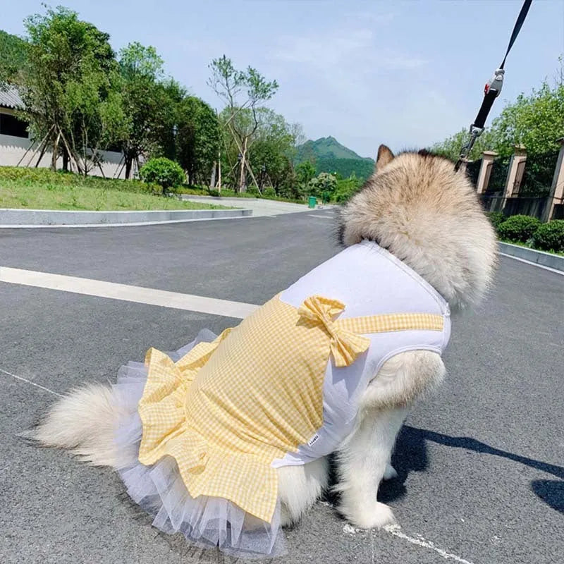 Yellow plaid cotton dog skirt for large breeds like Golden Retrievers, available in multiple sizes