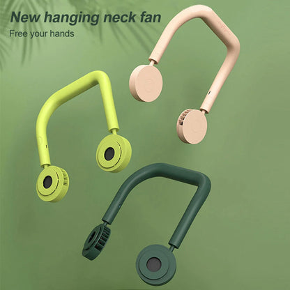 USB Portable Neck Fan in pink, fluorescent green, and dark green with dual fans and hands-free design