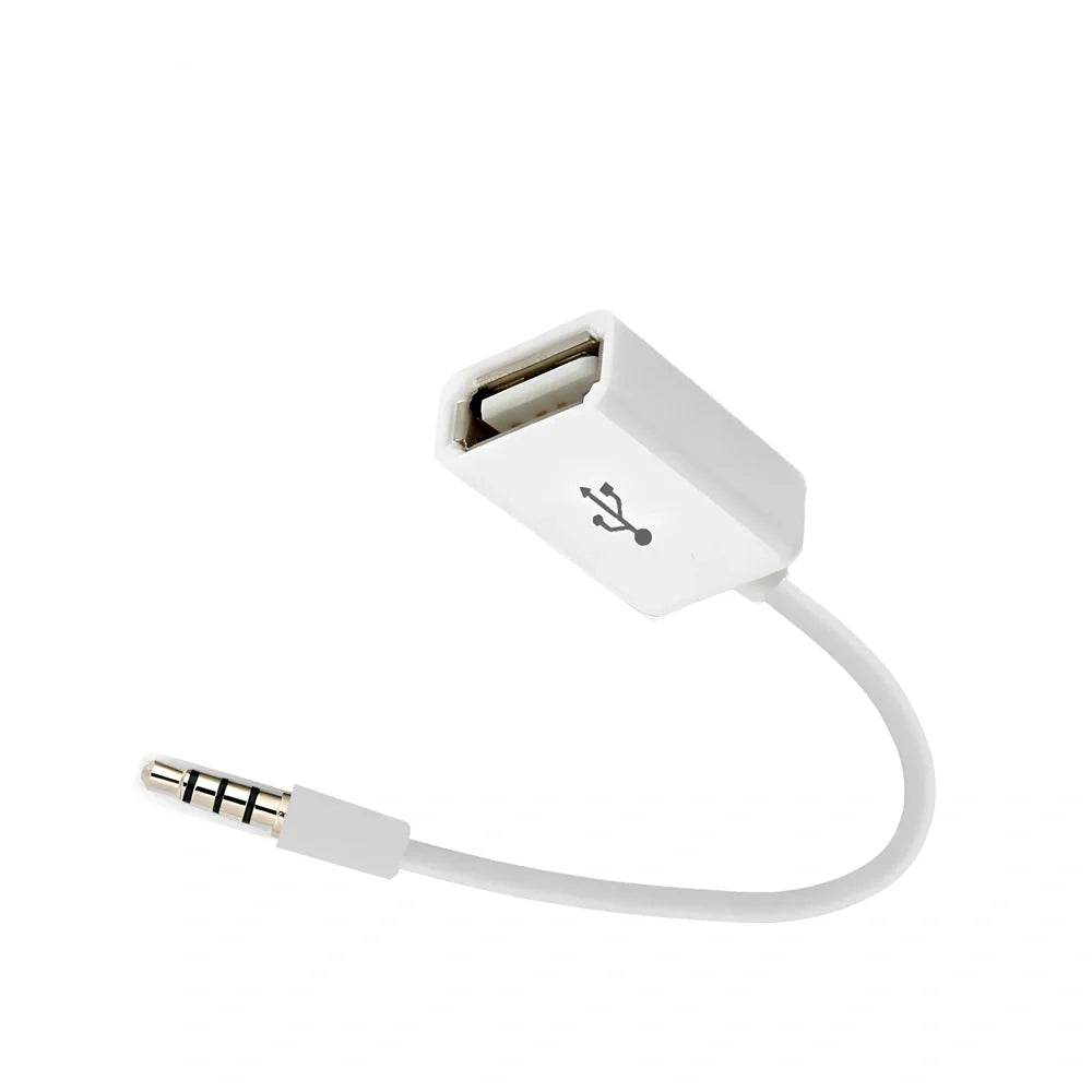 White 18cm car AUX to USB 2.0 female converter cable for MP3 U-disk playback, 3.5mm jack