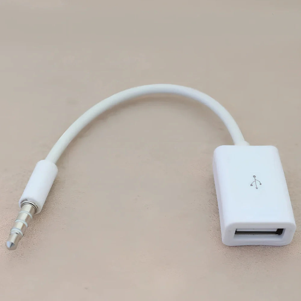 White 18cm car AUX to USB 2.0 female converter cable for MP3 U-disk playback, 3.5mm jack