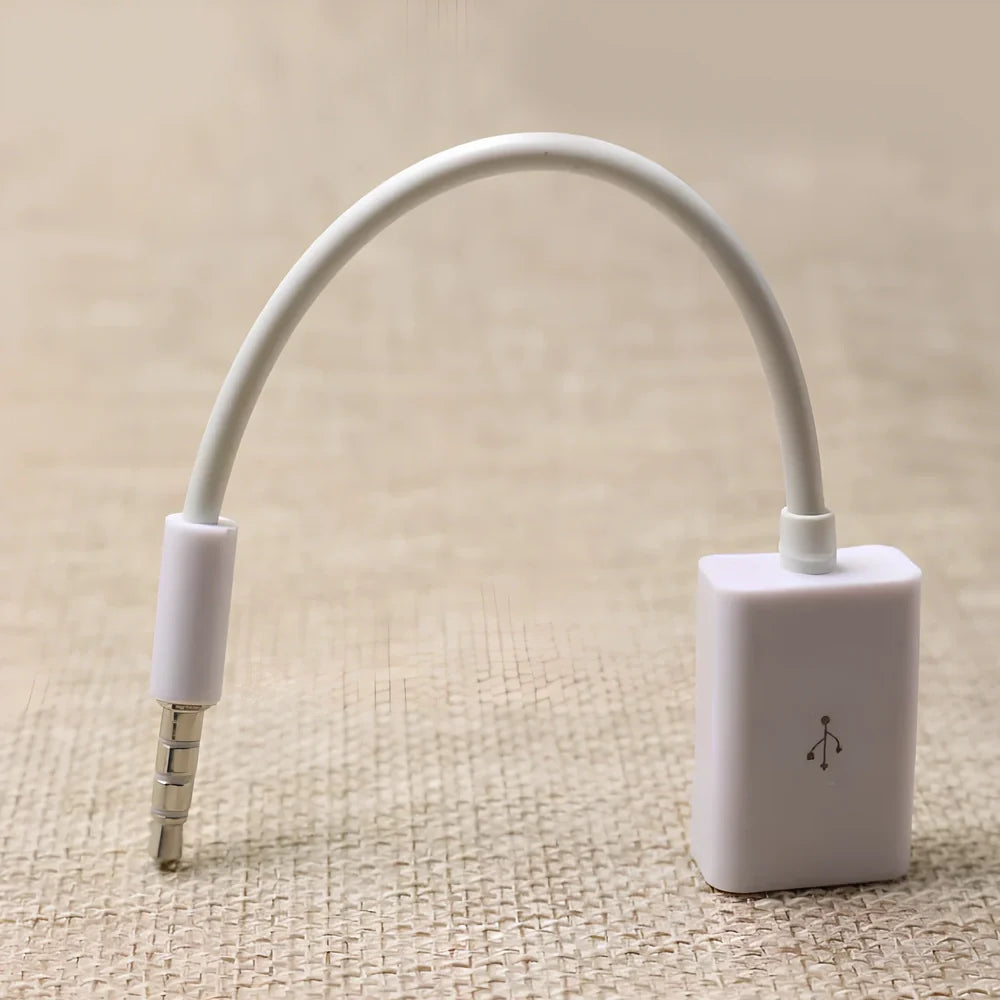 White 18cm car AUX to USB 2.0 female converter cable for MP3 U-disk playback, 3.5mm jack