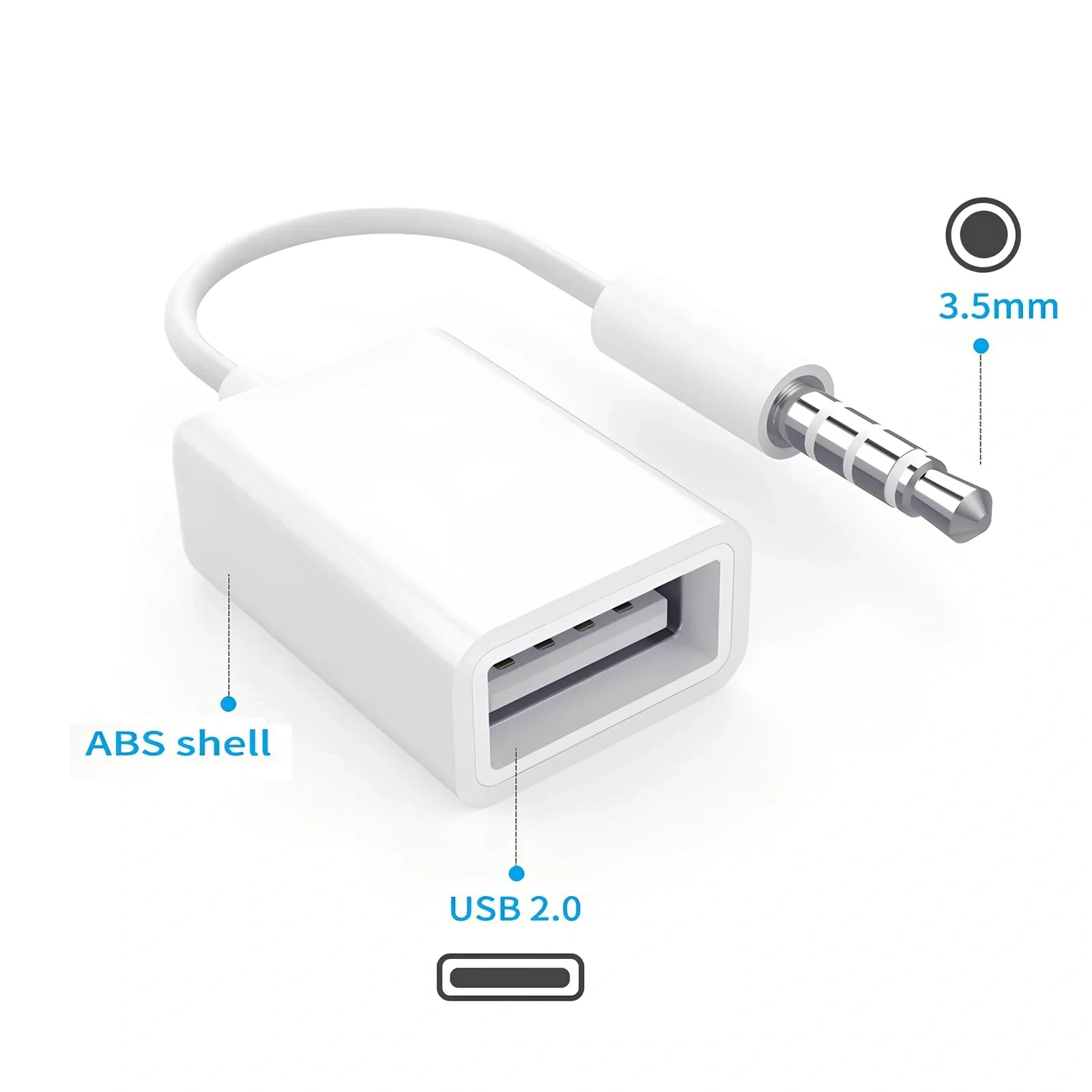 White 18cm car AUX to USB 2.0 female converter cable for MP3 U-disk playback, 3.5mm jack