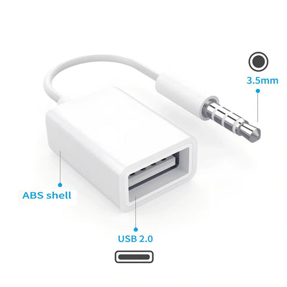 White 18cm car AUX to USB 2.0 female converter cable for MP3 U-disk playback, 3.5mm jack