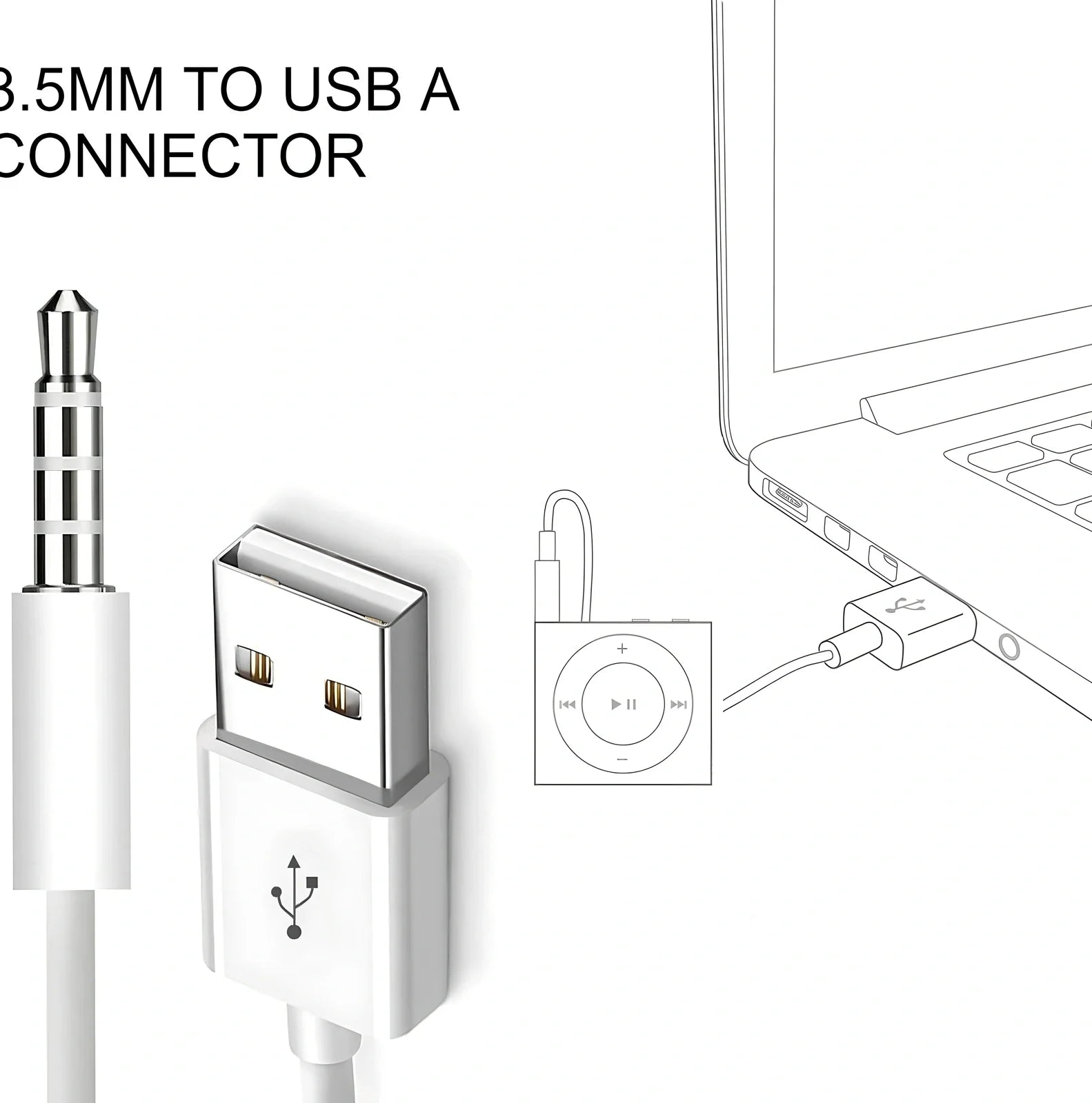 White 18cm car AUX to USB 2.0 female converter cable for MP3 U-disk playback, 3.5mm jack