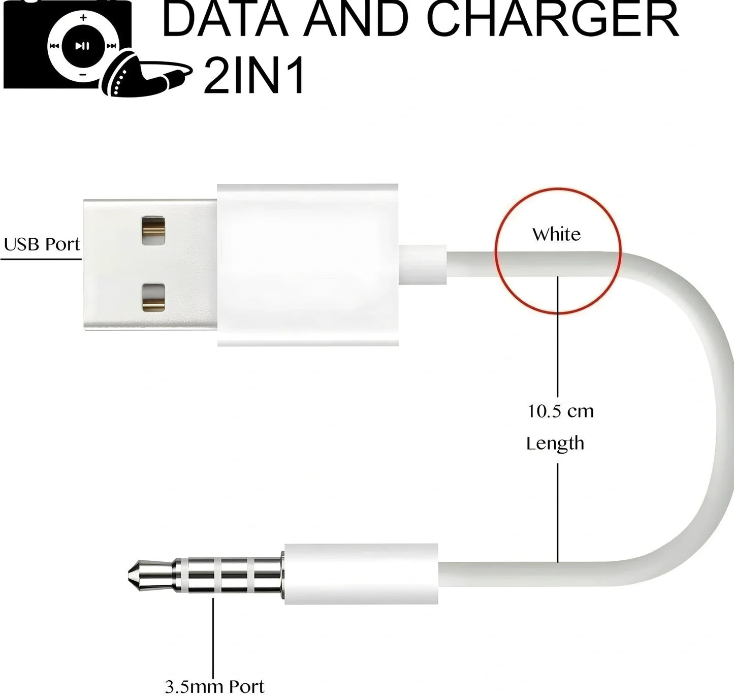 White 18cm car AUX to USB 2.0 female converter cable for MP3 U-disk playback, 3.5mm jack