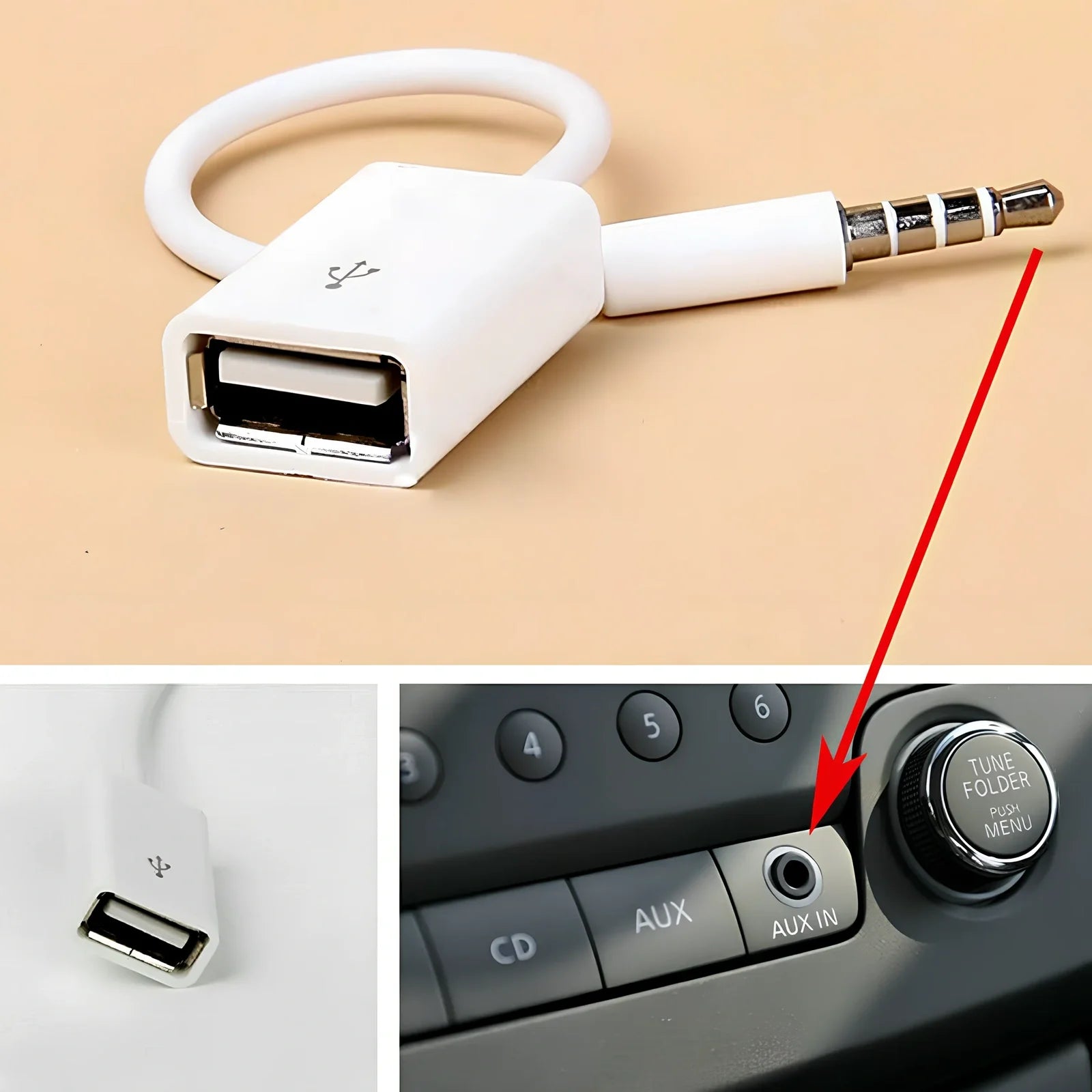White 18cm car AUX to USB 2.0 female converter cable for MP3 U-disk playback, 3.5mm jack
