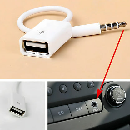 White 18cm car AUX to USB 2.0 female converter cable for MP3 U-disk playback, 3.5mm jack