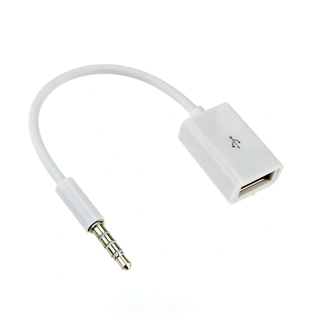 White 18cm car AUX to USB 2.0 female converter cable for MP3 U-disk playback, 3.5mm jack