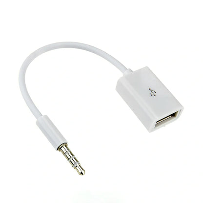 White 18cm car AUX to USB 2.0 female converter cable for MP3 U-disk playback, 3.5mm jack
