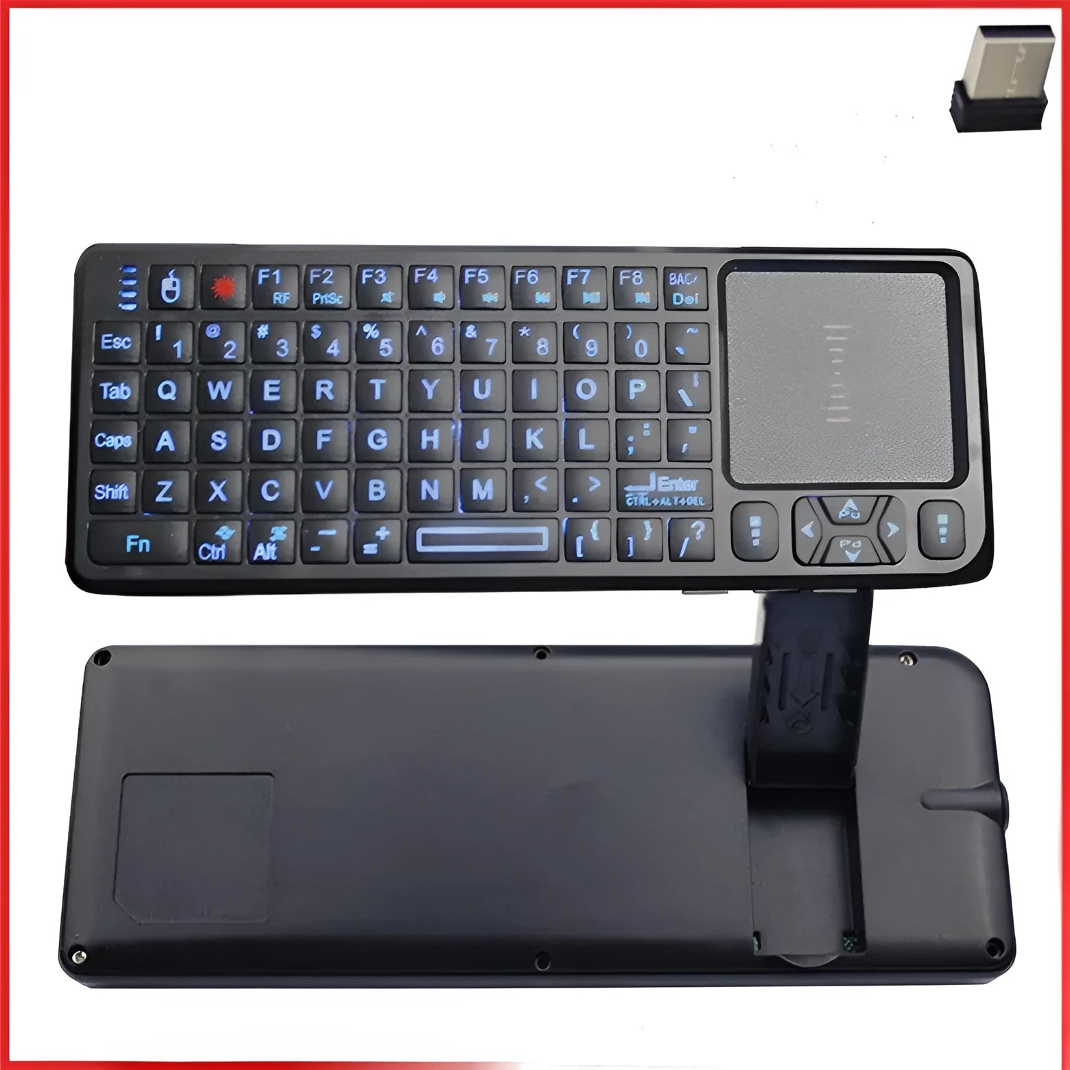 Black wireless mini keyboard with integrated touch screen and optical mouse, showing compact size.