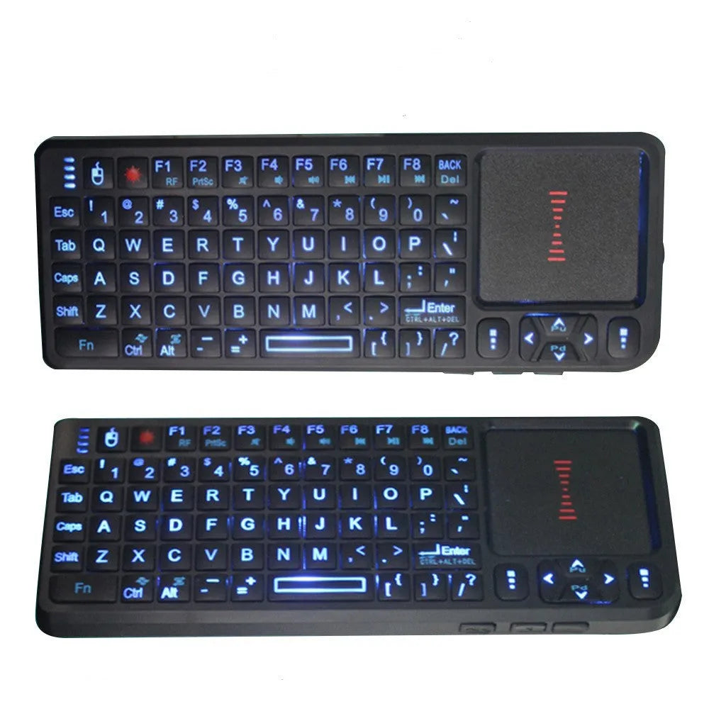 Black wireless mini keyboard with integrated touch screen and optical mouse, showing compact size.