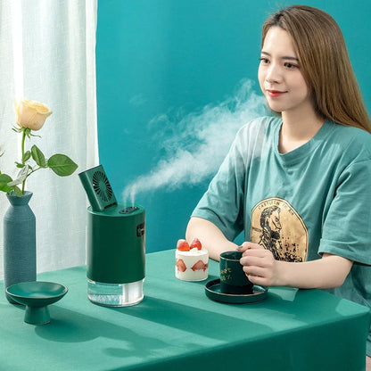 Lifting Fan Humidifier in white and green with remote control and USB charging
