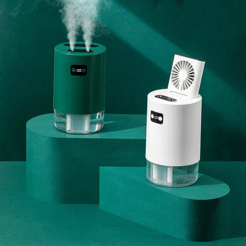 Lifting Fan Humidifier in white and green with remote control and USB charging