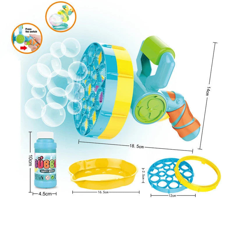 Automatic Electric Bubble Machine in blue and yellow, producing over 500 bubbles per minute for outdoor parties