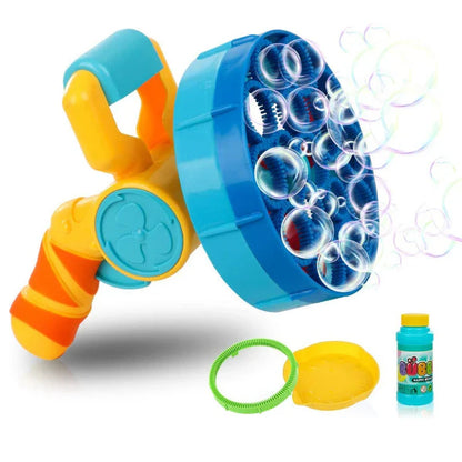 Automatic Electric Bubble Machine in blue and yellow, producing over 500 bubbles per minute for outdoor parties