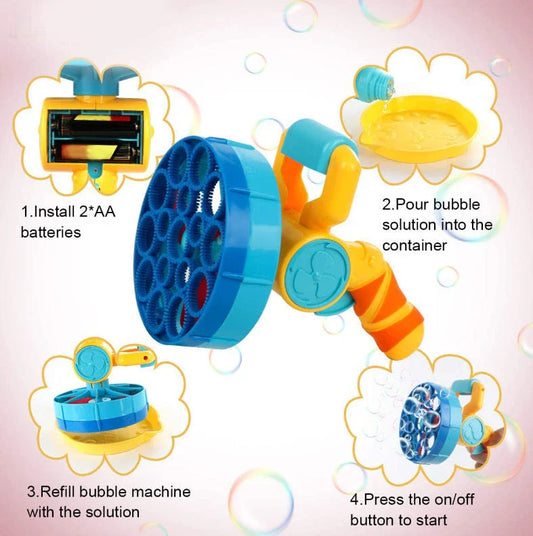 Automatic Electric Bubble Machine in blue and yellow, producing over 500 bubbles per minute for outdoor parties