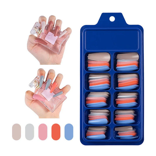 Blue box containing 100 nail patches in various sizes and colours for fake nails and decorations