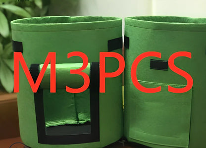 Black breathable non-woven plant growth bag with side window and double handles for potato cultivation