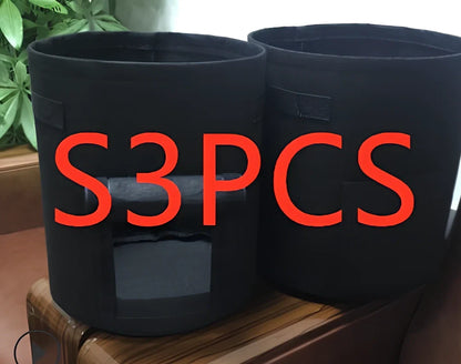 Black breathable non-woven plant growth bag with side window and double handles for potato cultivation