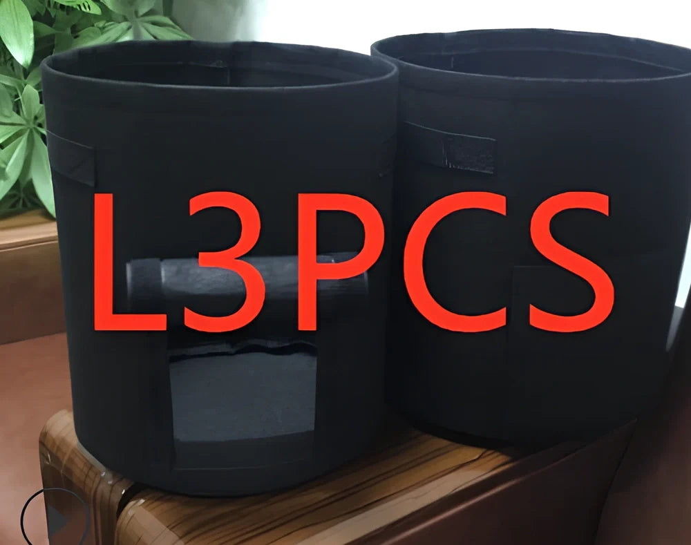 Black breathable non-woven plant growth bag with side window and double handles for potato cultivation