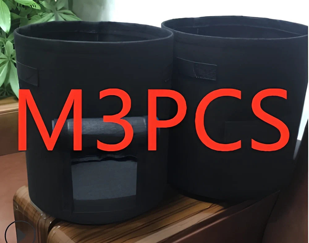 Black breathable non-woven plant growth bag with side window and double handles for potato cultivation