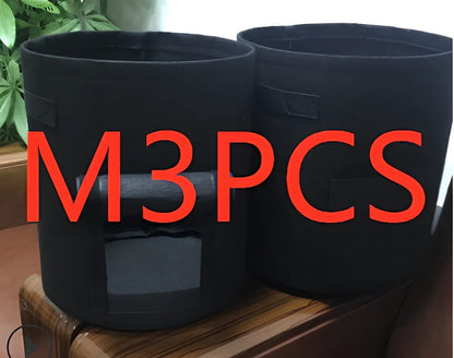 Black breathable non-woven plant growth bag with side window and double handles for potato cultivation