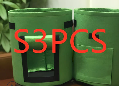 Black breathable non-woven plant growth bag with side window and double handles for potato cultivation