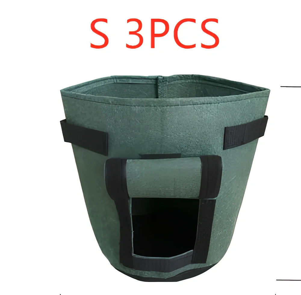 Black breathable non-woven plant growth bag with side window and double handles for potato cultivation