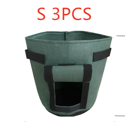 Black breathable non-woven plant growth bag with side window and double handles for potato cultivation