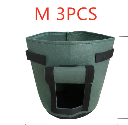 Black breathable non-woven plant growth bag with side window and double handles for potato cultivation