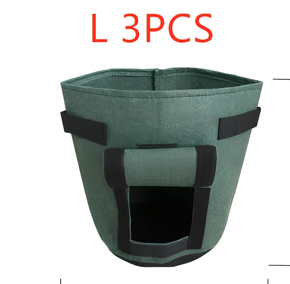 Black breathable non-woven plant growth bag with side window and double handles for potato cultivation