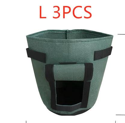 Black breathable non-woven plant growth bag with side window and double handles for potato cultivation